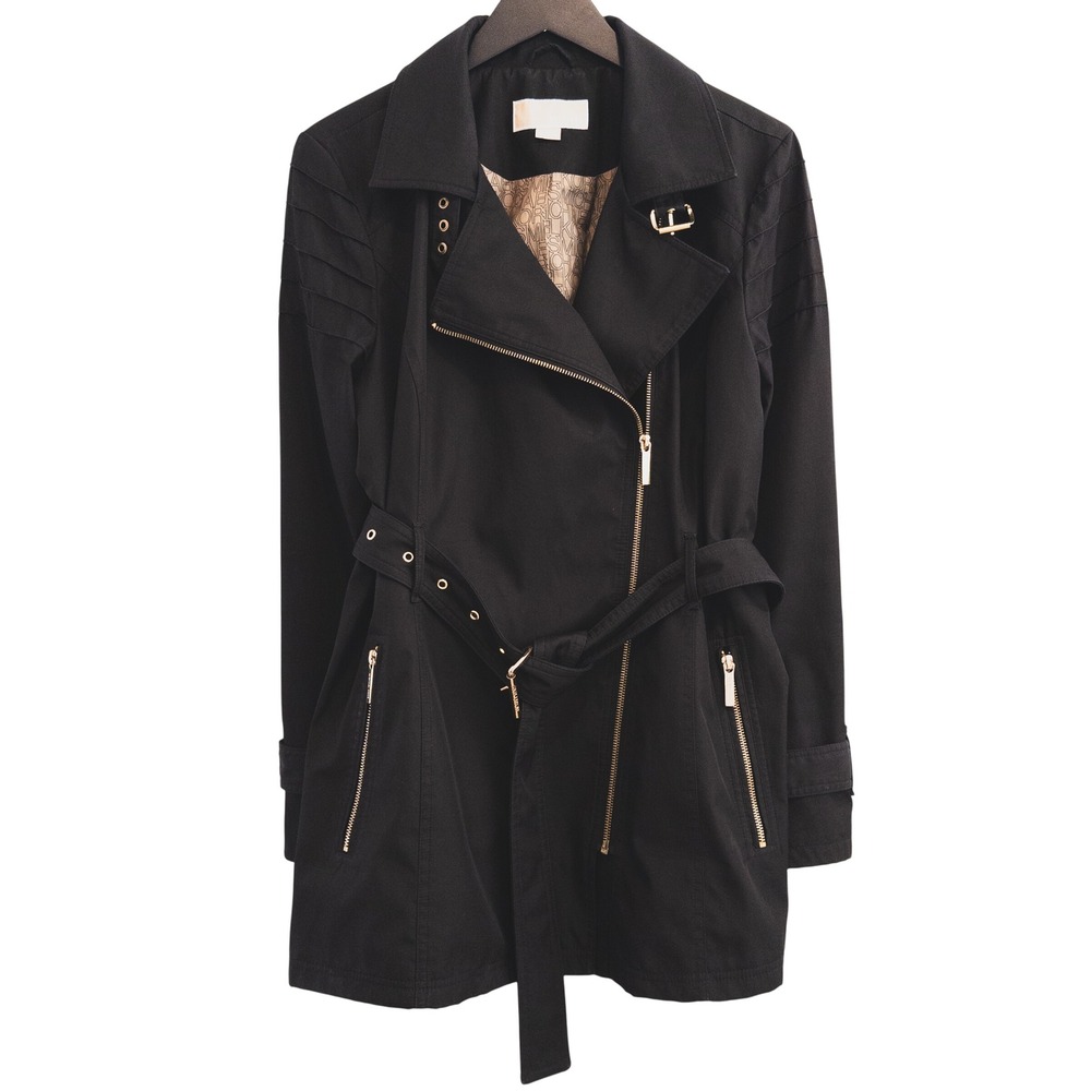 Michael Kors Moto Trench Coat Womens‎ L Black Asymmetrical Belted Jacket Chic